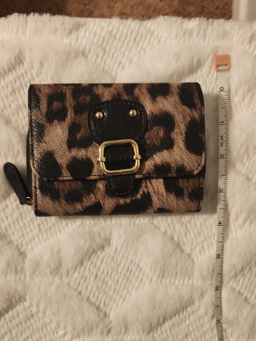 Leopard Print Compact Wallet with Buckle Accent